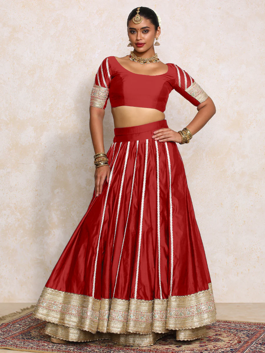 Mahira x Tyohaar | Velvet Red Plain Chandheri FlareFit™ Lehenga Set with Dupatta - Image 9
