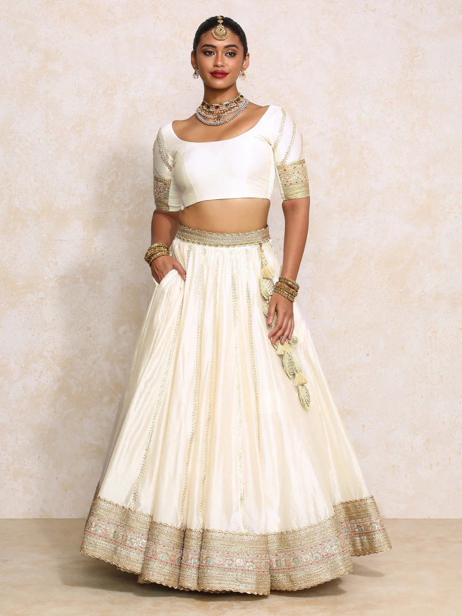 Mahira x Tyohaar | White Plain Chandheri FlareFit™ Lehenga Set with Dupatta - Image 15