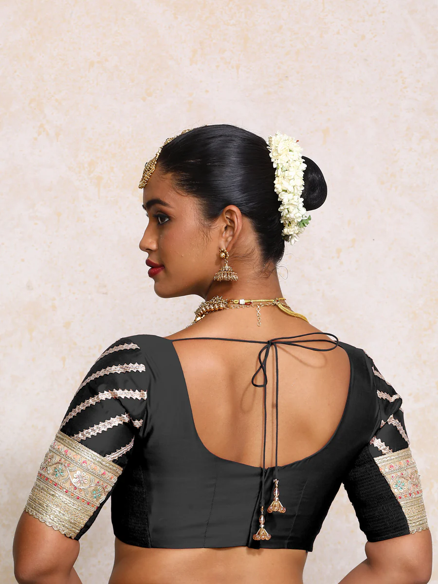 Manika x Tyohaar | Elbow Sleeves Black Plain Chandheri Saree Blouse - Image 2