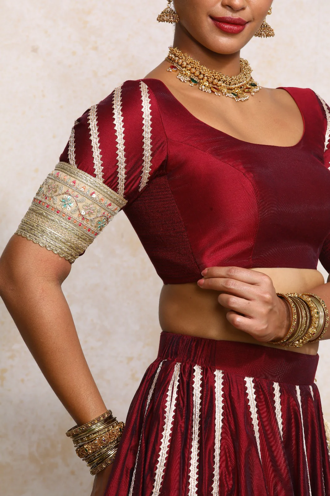 Manika x Tyohaar | Elbow Sleeves Burgundy Plain Chandheri Saree Blouse - Image 3