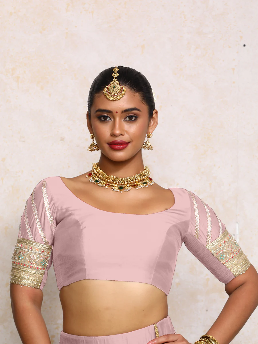 Manika x Tyohaar | Elbow Sleeves Lavender Plain Chandheri Saree Blouse