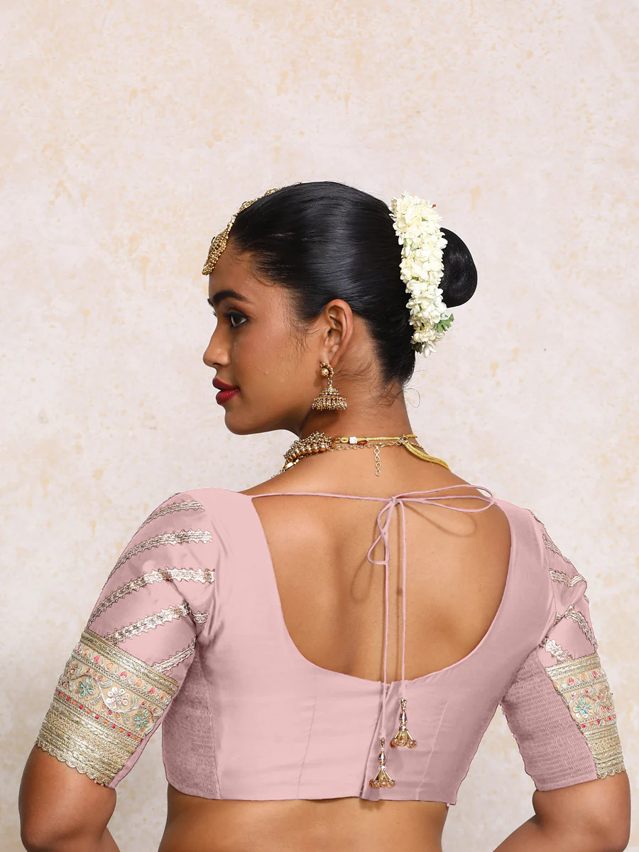 Manika x Tyohaar | Elbow Sleeves Lavender Plain Chandheri Saree Blouse - Image 2