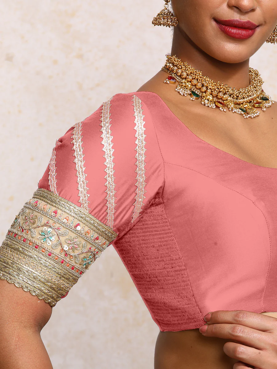 Manika x Tyohaar | Elbow Sleeves Rose Pink Plain Chandheri Saree Blouse - Image 3