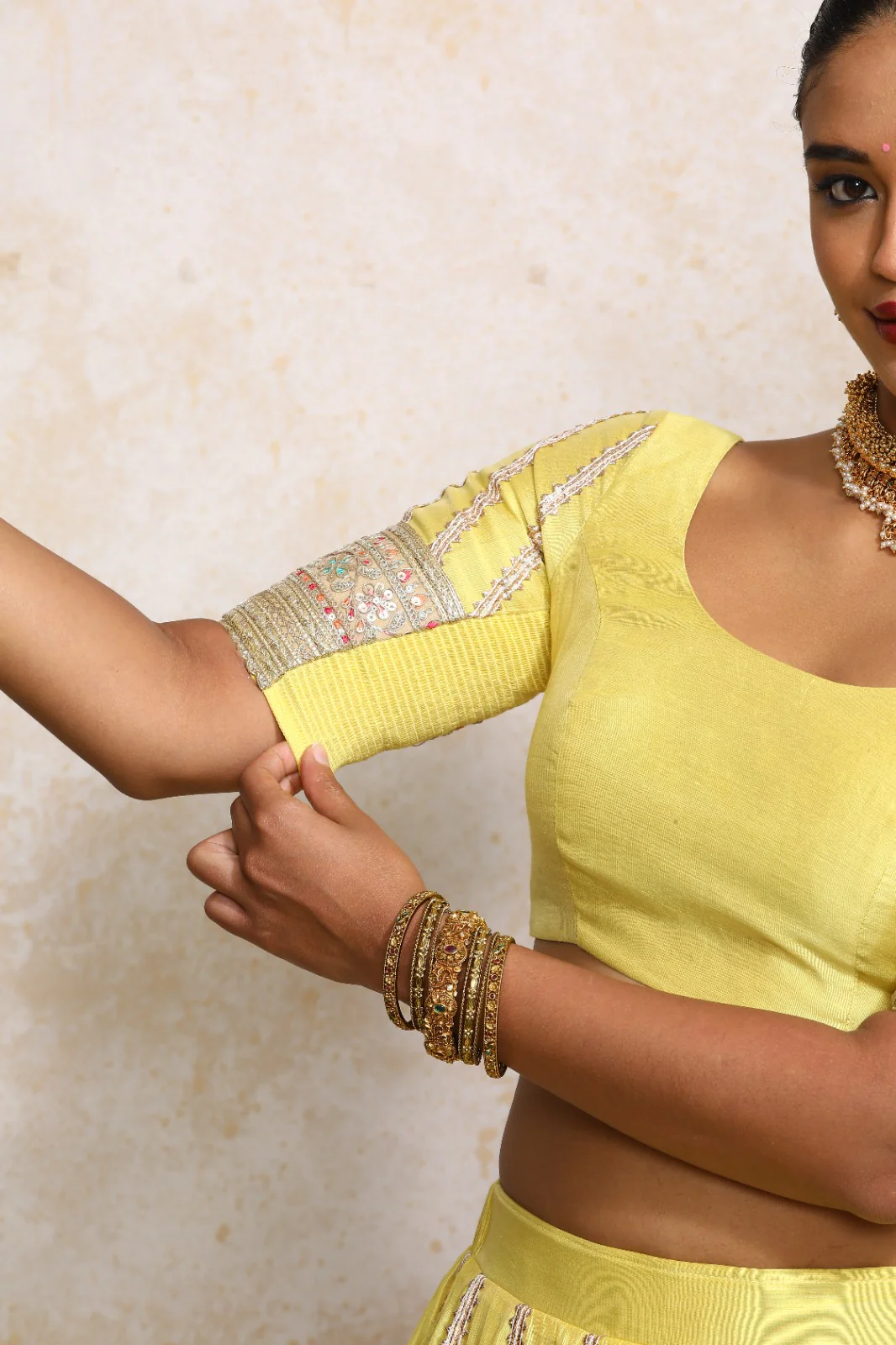 Manika x Tyohaar | Elbow Sleeves Sunny Yellow Plain Chandheri Saree Blouse - Image 4