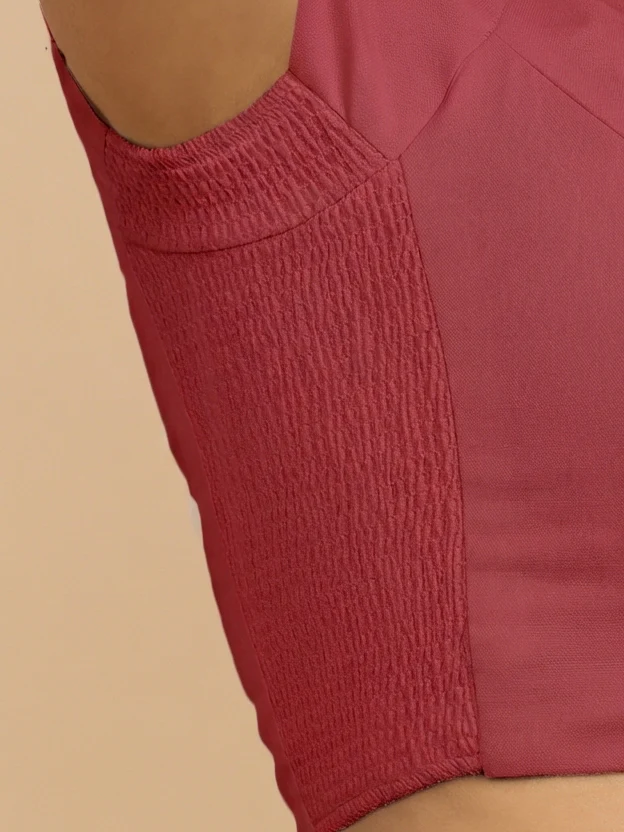 Mansi x Rozaana | Short Sleeves Carmine Red Cotton Saree Blouse - Image 3