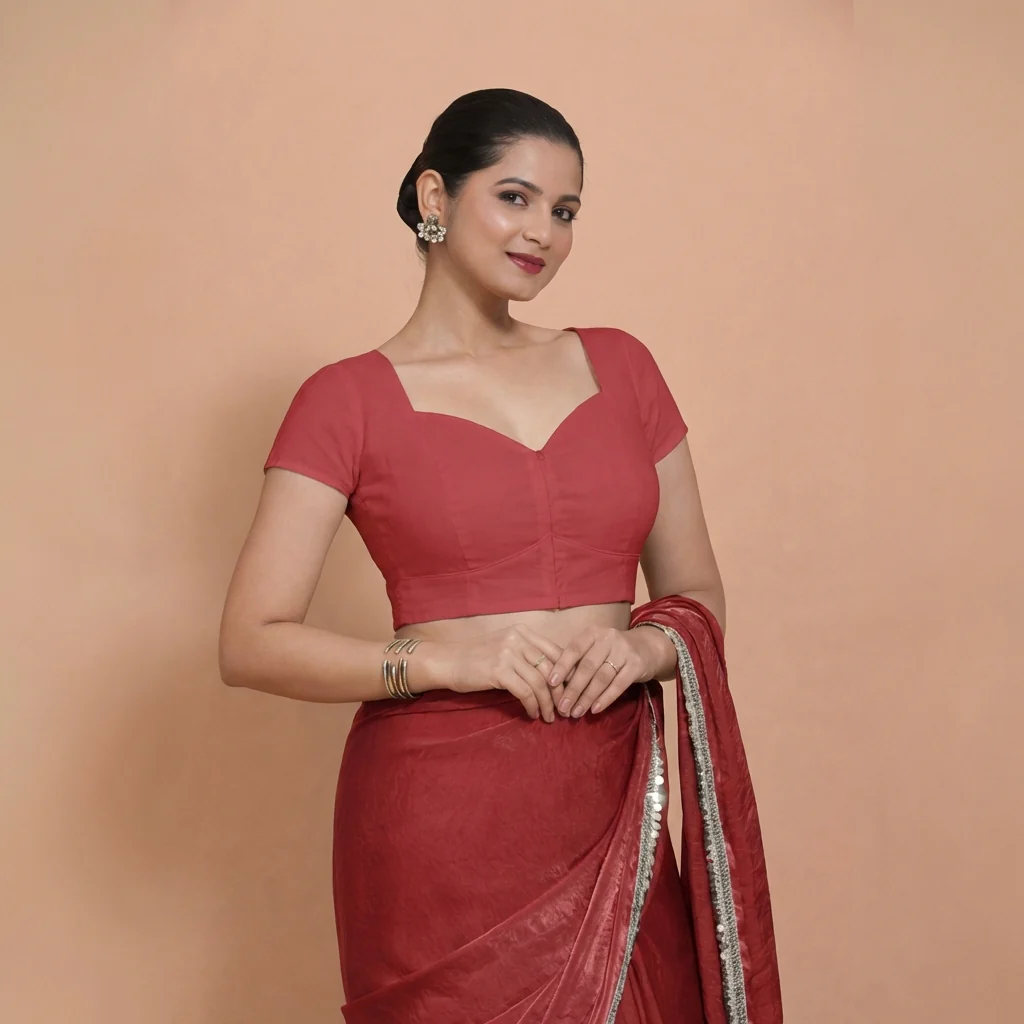 Mansi x Rozaana | Short Sleeves Carmine Red Cotton Saree Blouse - Image 4