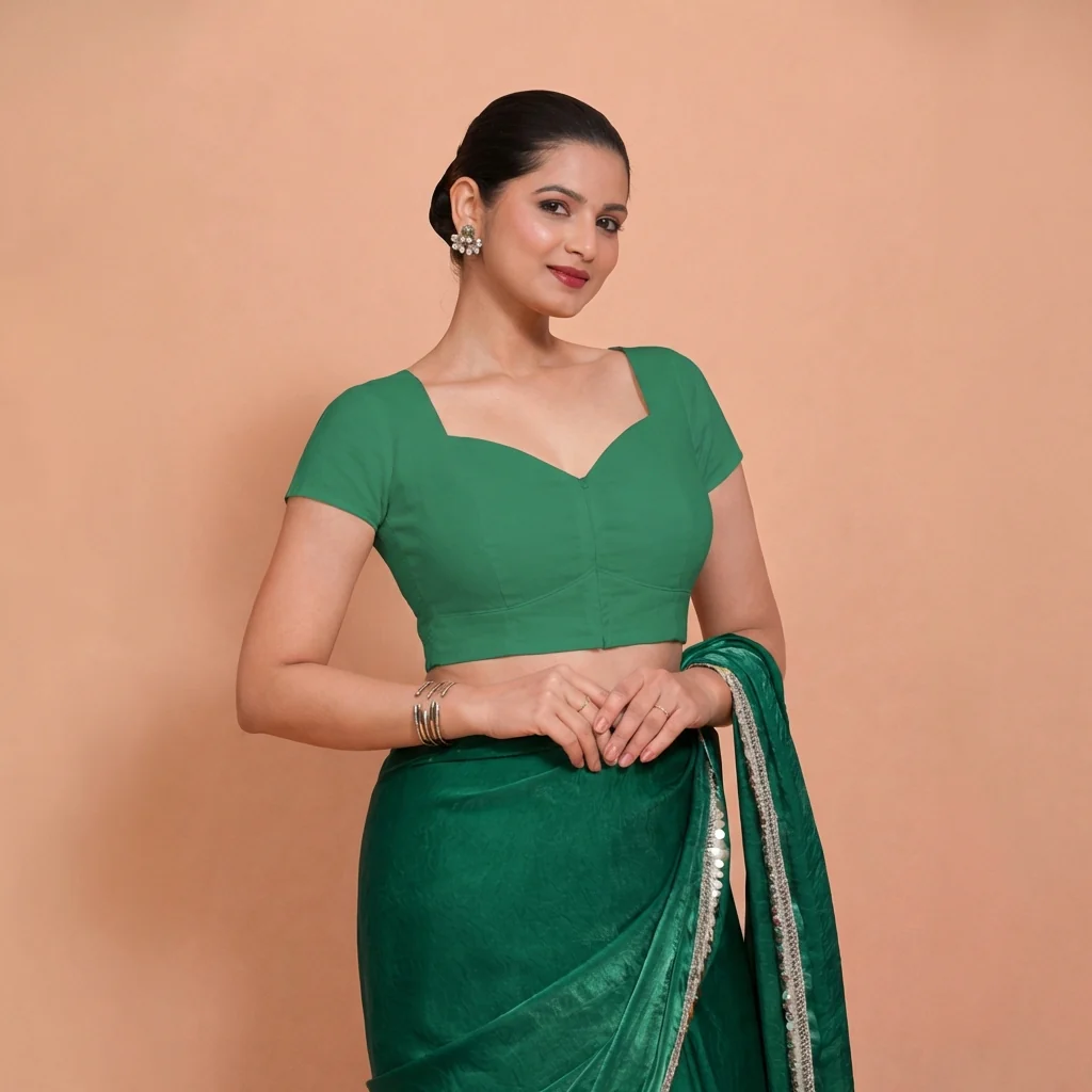 Mansi x Rozaana | Short Sleeves Castleton Green Cotton Saree Blouse - Image 4