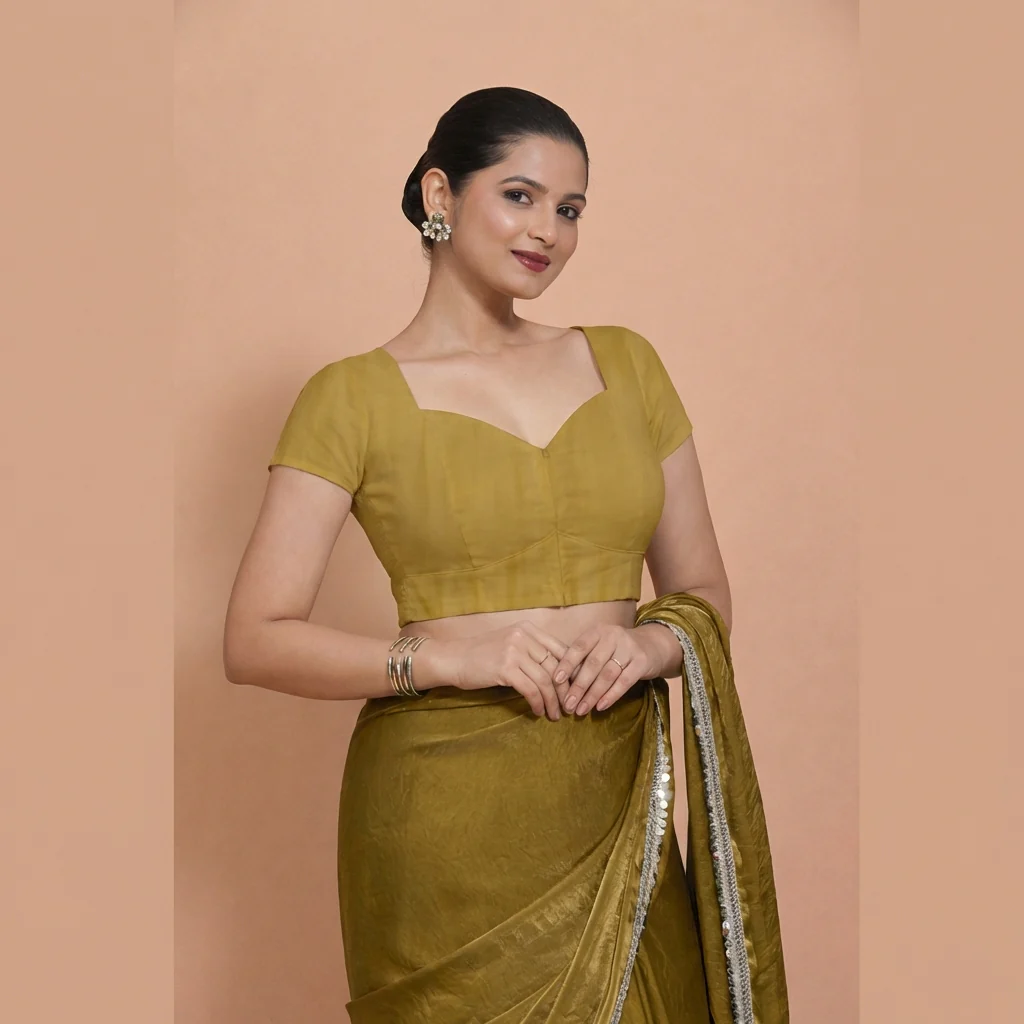 Mansi x Rozaana | Short Sleeves Khaki Cotton Saree Blouse