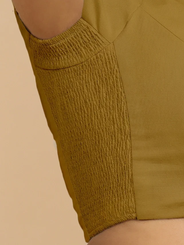 Mansi x Rozaana | Short Sleeves Khaki Cotton Saree Blouse - Image 3