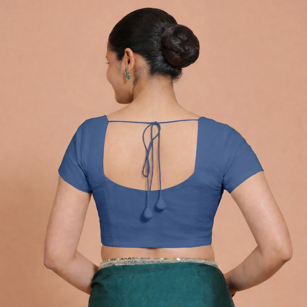 Mansi x Rozaana | Short Sleeves Lapis Blue Cotton Saree Blouse - Image 4
