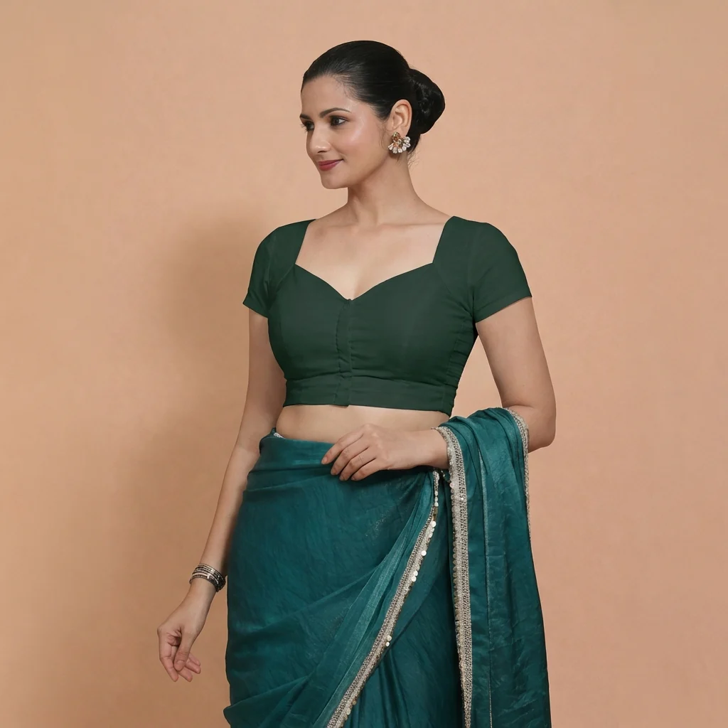 Mansi x Rozaana | Short Sleeves Moss Green Cotton Saree Blouse - Image 5