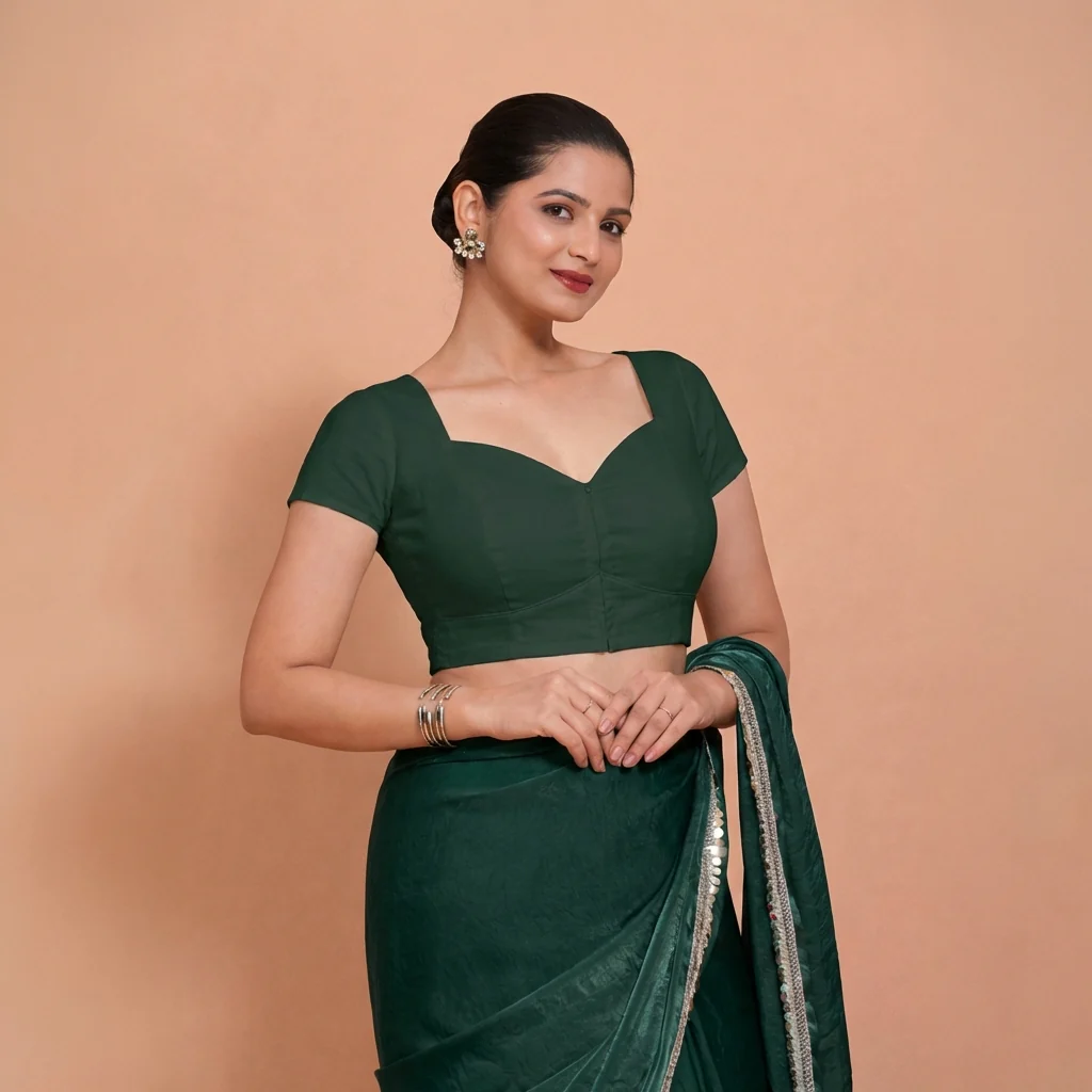 Mansi x Rozaana | Short Sleeves Moss Green Cotton Saree Blouse - Image 6