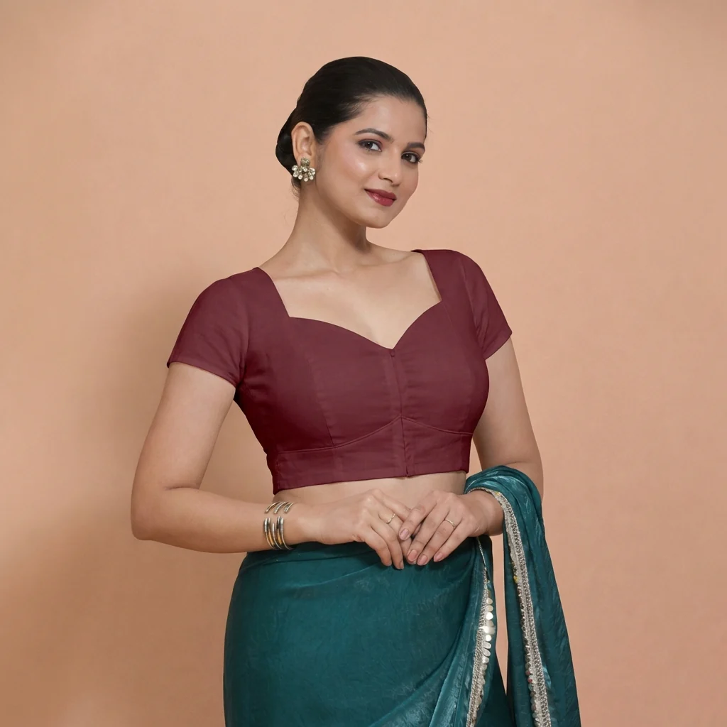 Mansi x Rozaana | Short Sleeves Royal Maroon Cotton Saree Blouse - Image 4