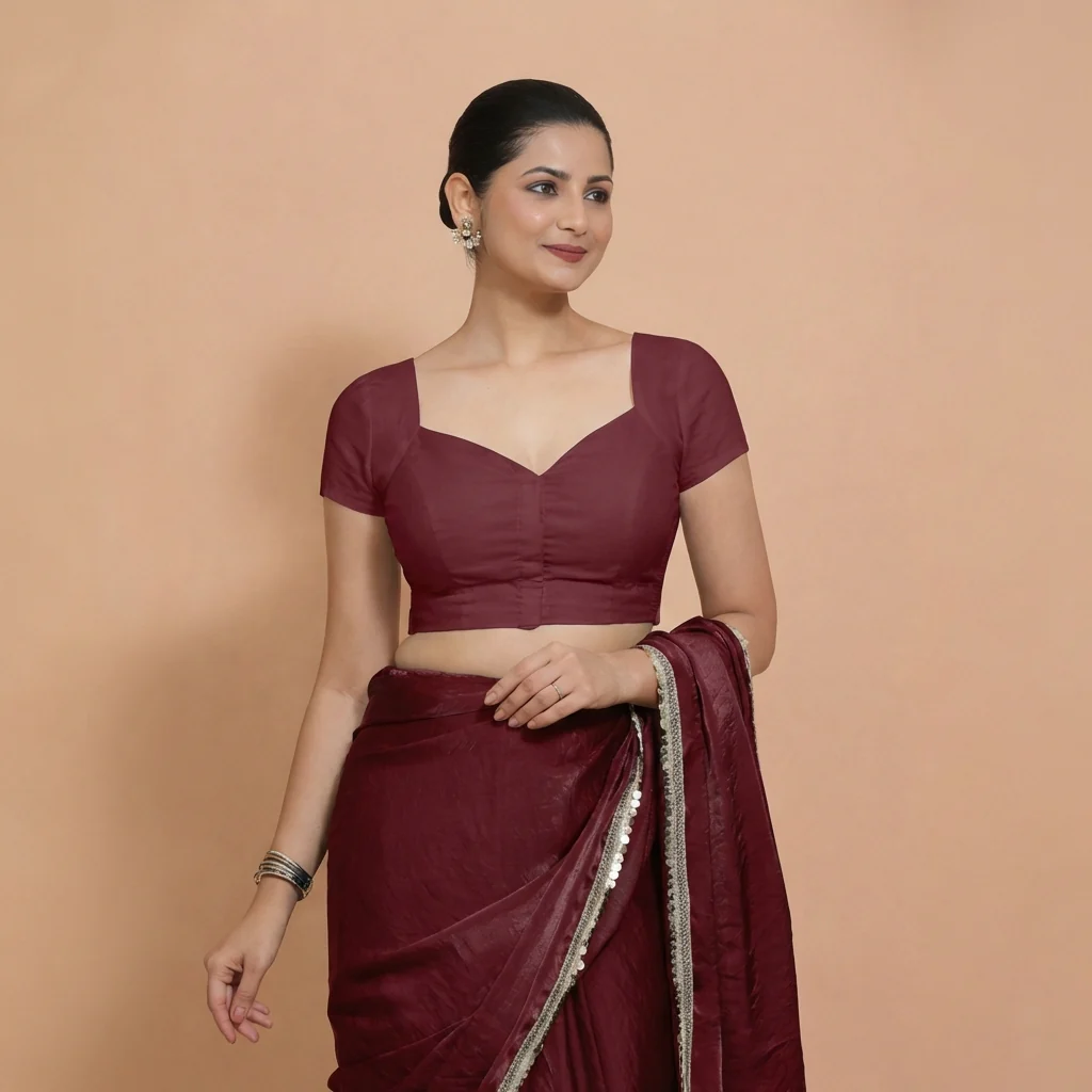 Mansi x Rozaana | Short Sleeves Royal Maroon Cotton Saree Blouse - Image 5
