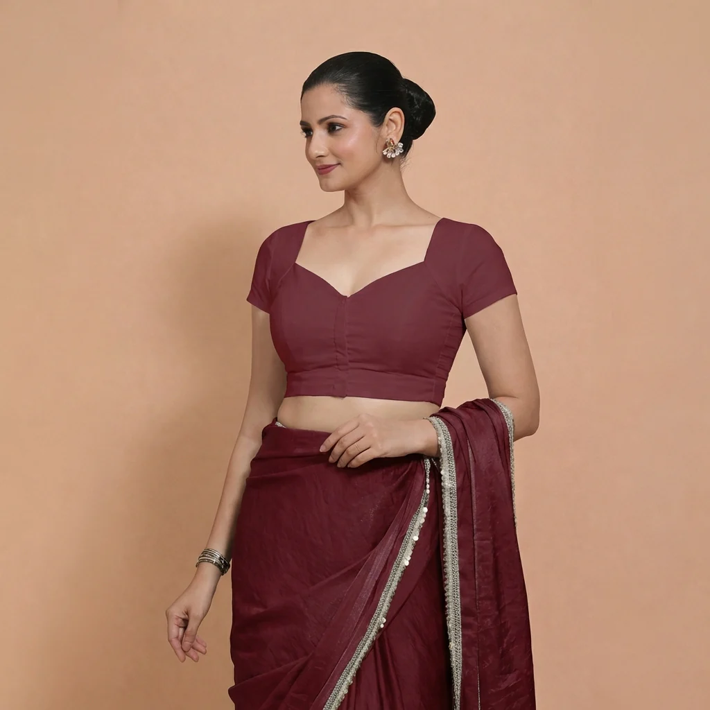 Mansi x Rozaana | Short Sleeves Royal Maroon Cotton Saree Blouse - Image 6