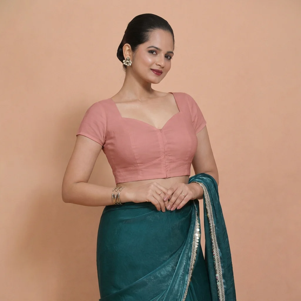 Mansi x Rozaana | Short Sleeves Soft Peach Cotton Saree Blouse - Image 6