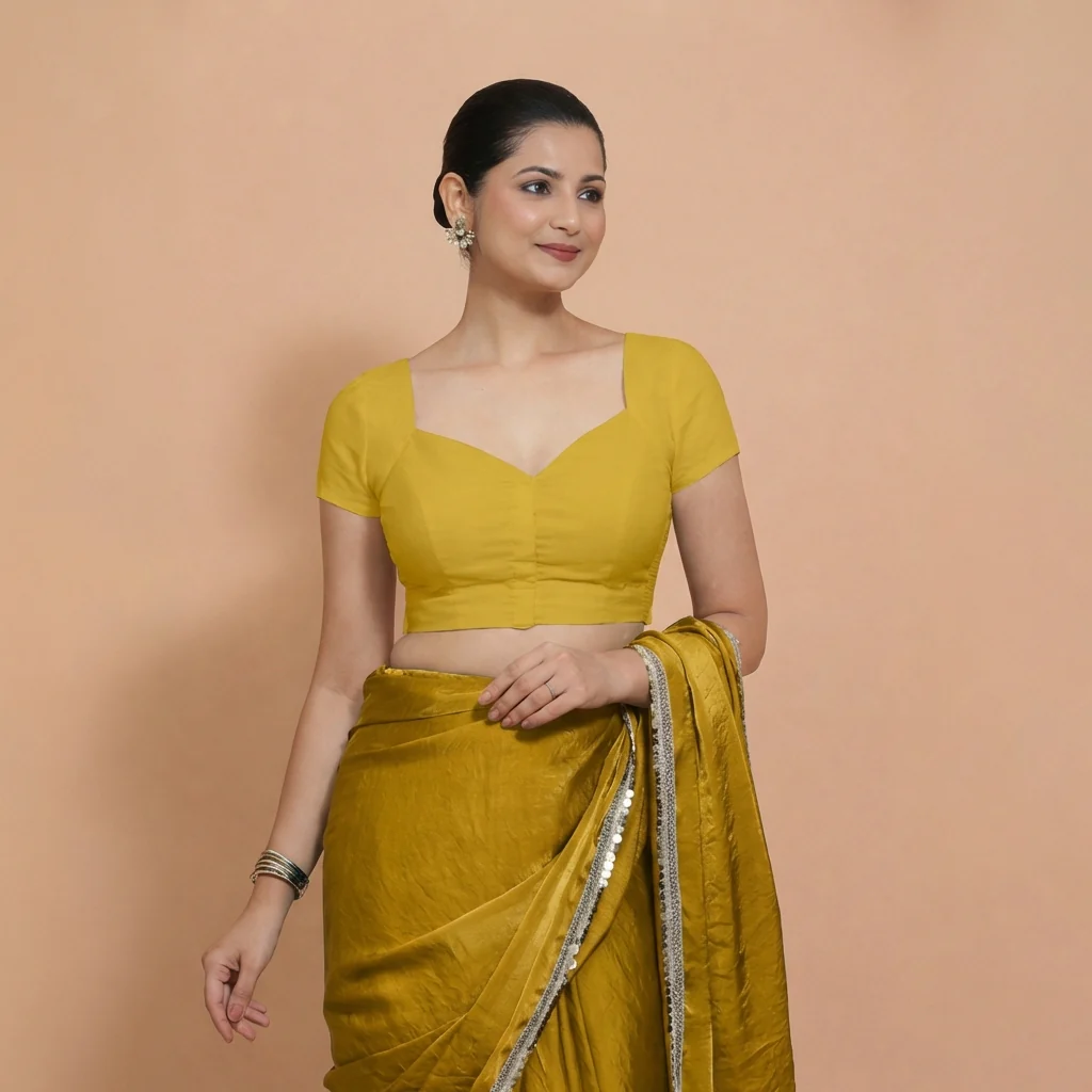 Mansi x Rozaana | Short Sleeves Sunny Yellow Cotton Saree Blouse - Image 5