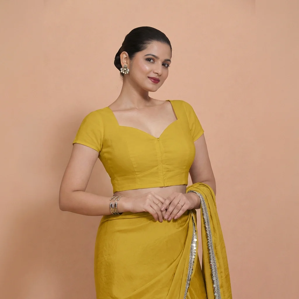 Mansi x Rozaana | Short Sleeves Sunny Yellow Cotton Saree Blouse - Image 6