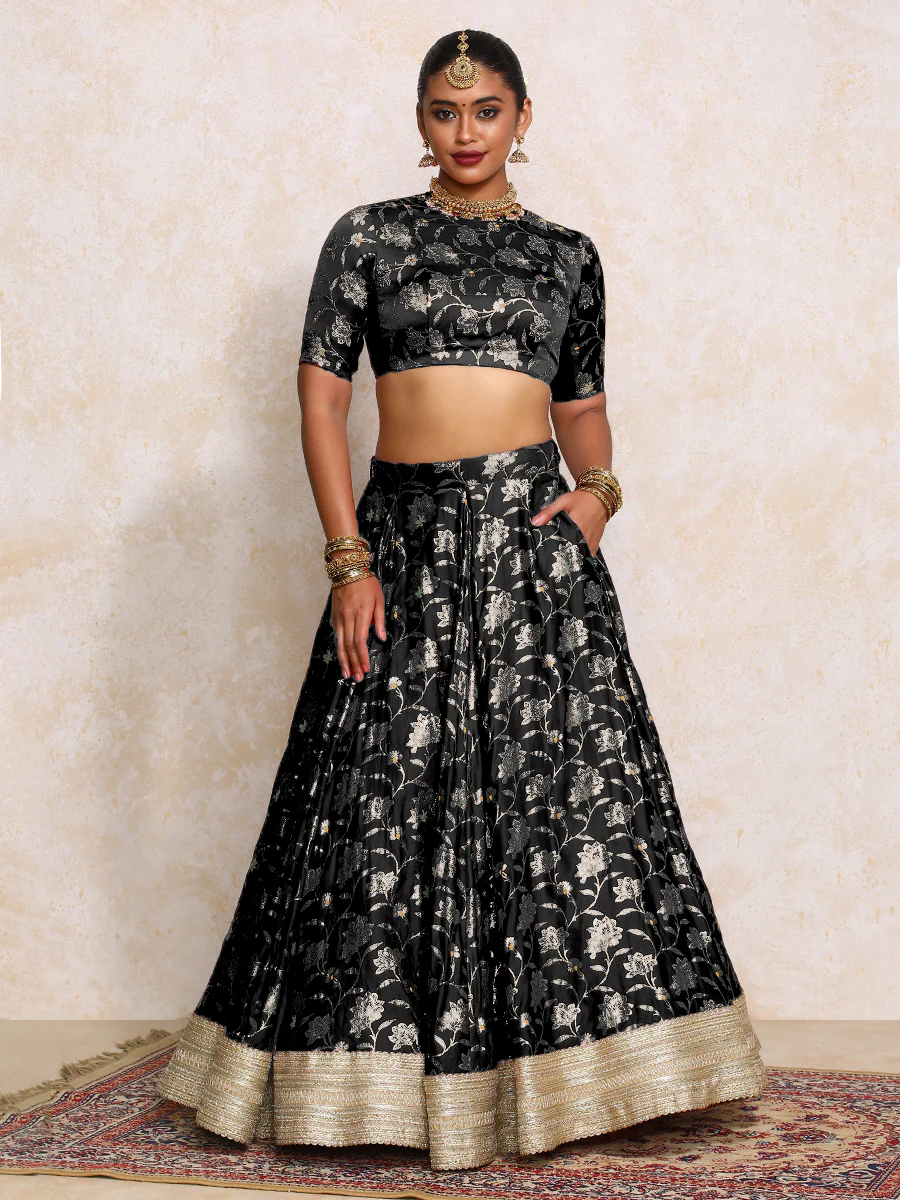 Meenakshi x Tyohaar | Black Meenakari Satin Viscose FlareFit™ Lehenga Set with Dupatta - Image 8