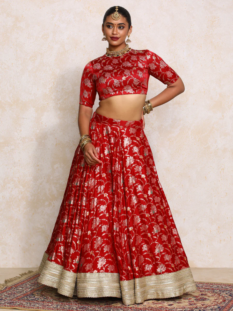Meenakshi x Tyohaar | Red Meenakari Satin Viscose FlareFit™ Lehenga Set with Dupatta - Image 24