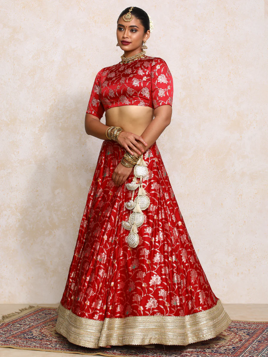Meenakshi x Tyohaar | Red Meenakari Satin Viscose FlareFit™ Lehenga Set with Dupatta - Image 25