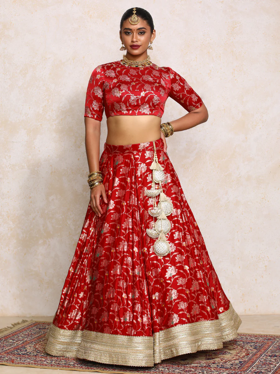 Meenakshi x Tyohaar | Red Meenakari Satin Viscose FlareFit™ Lehenga Set with Dupatta - Image 8