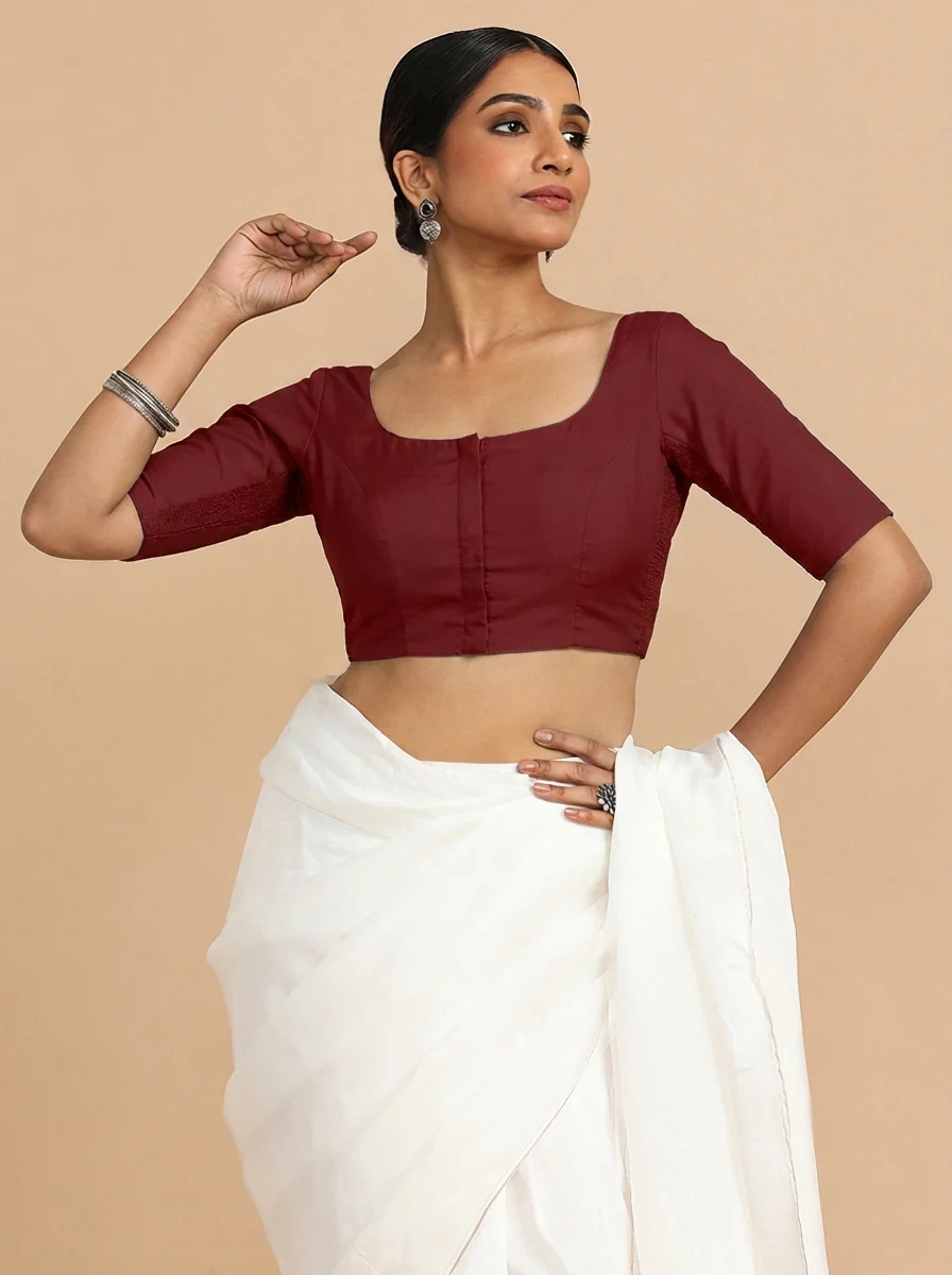 Meghna x Rozaana | Elbow Sleeves Cranberry Red Linen Saree Blouse