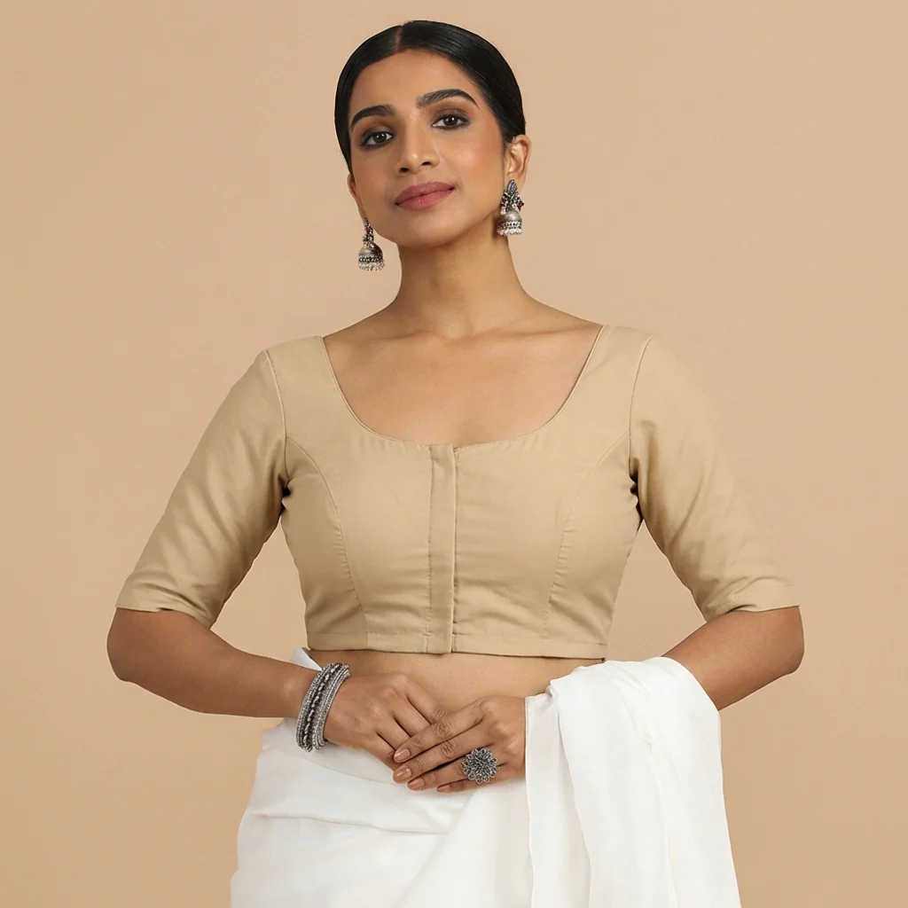 Meghna x Rozaana | Elbow Sleeves Ecru Beige Linen Saree Blouse - Image 5