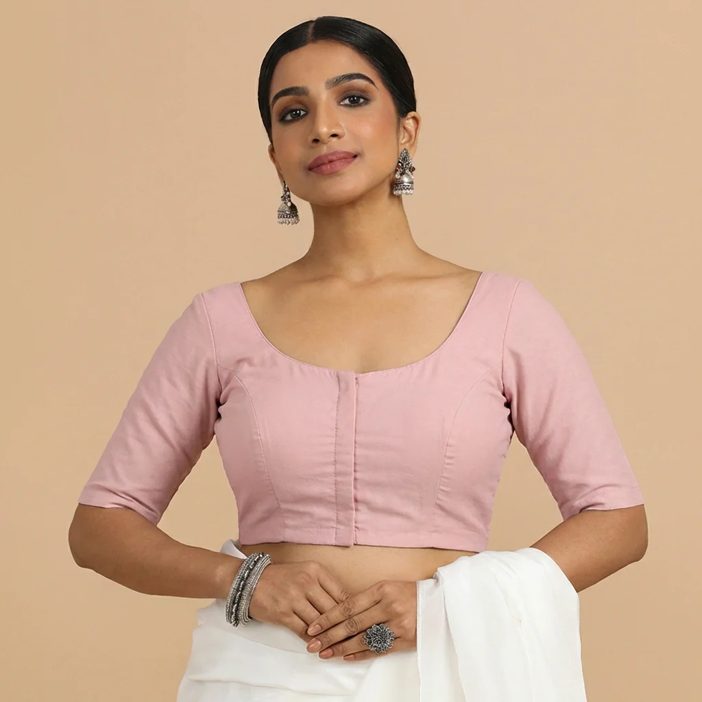 Meghna x Rozaana | Elbow Sleeves Misty Pink Linen Saree Blouse - Image 5