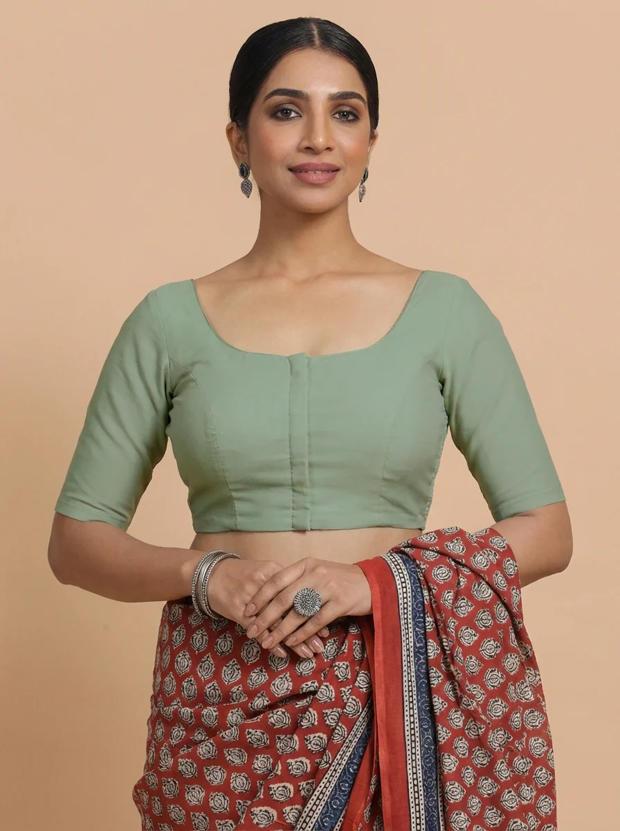 Meghna x Rozaana | Elbow Sleeves Peppermint Green Linen Saree Blouse