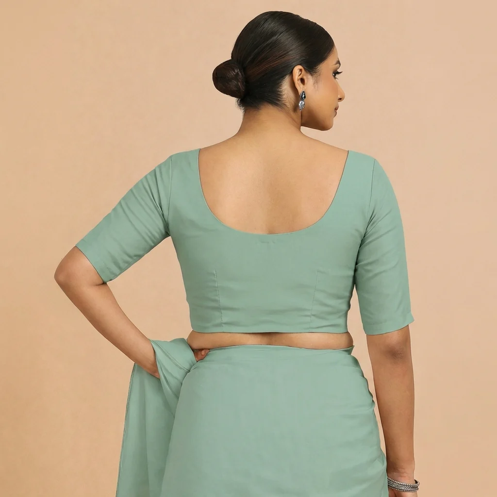 Meghna x Rozaana | Elbow Sleeves Peppermint Green Linen Saree Blouse - Image 2