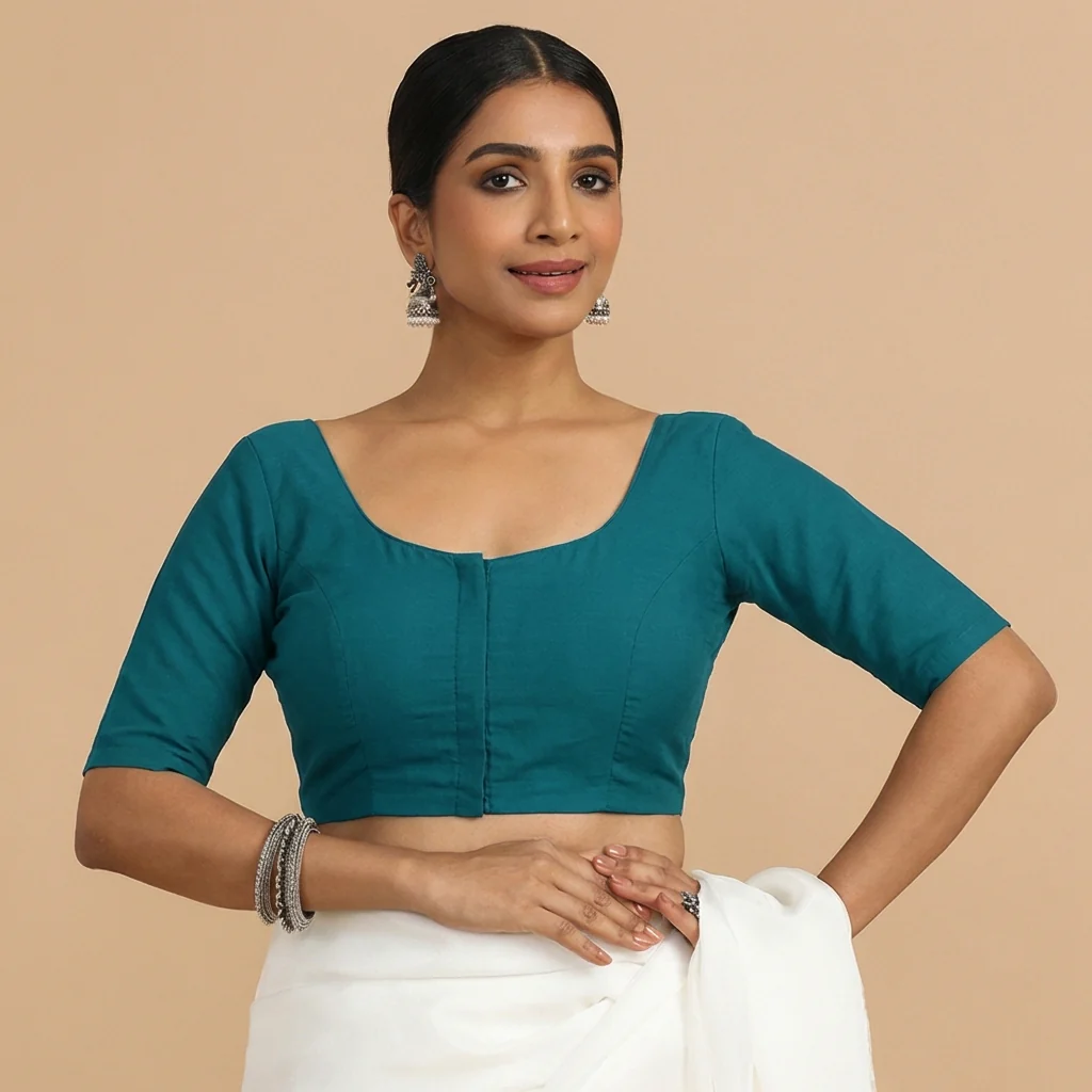 Meghna x Rozaana | Elbow Sleeves Teal Blue Linen Saree Blouse - Image 6