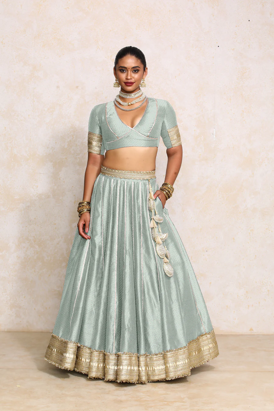 Mehreen x Tyohaar | Blue Green Foil Chandheri FlareFit™ Lehenga Set with Dupatta - Image 11
