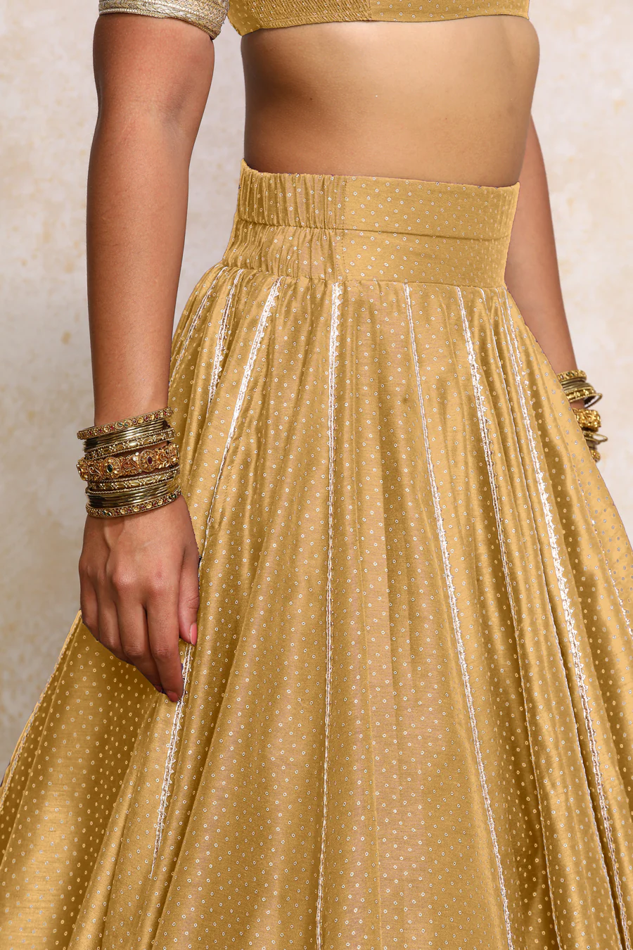 Mehreen x Tyohaar | Gold Foil Chandheri FlareFit™ Lehenga Set with Dupatta - Image 3