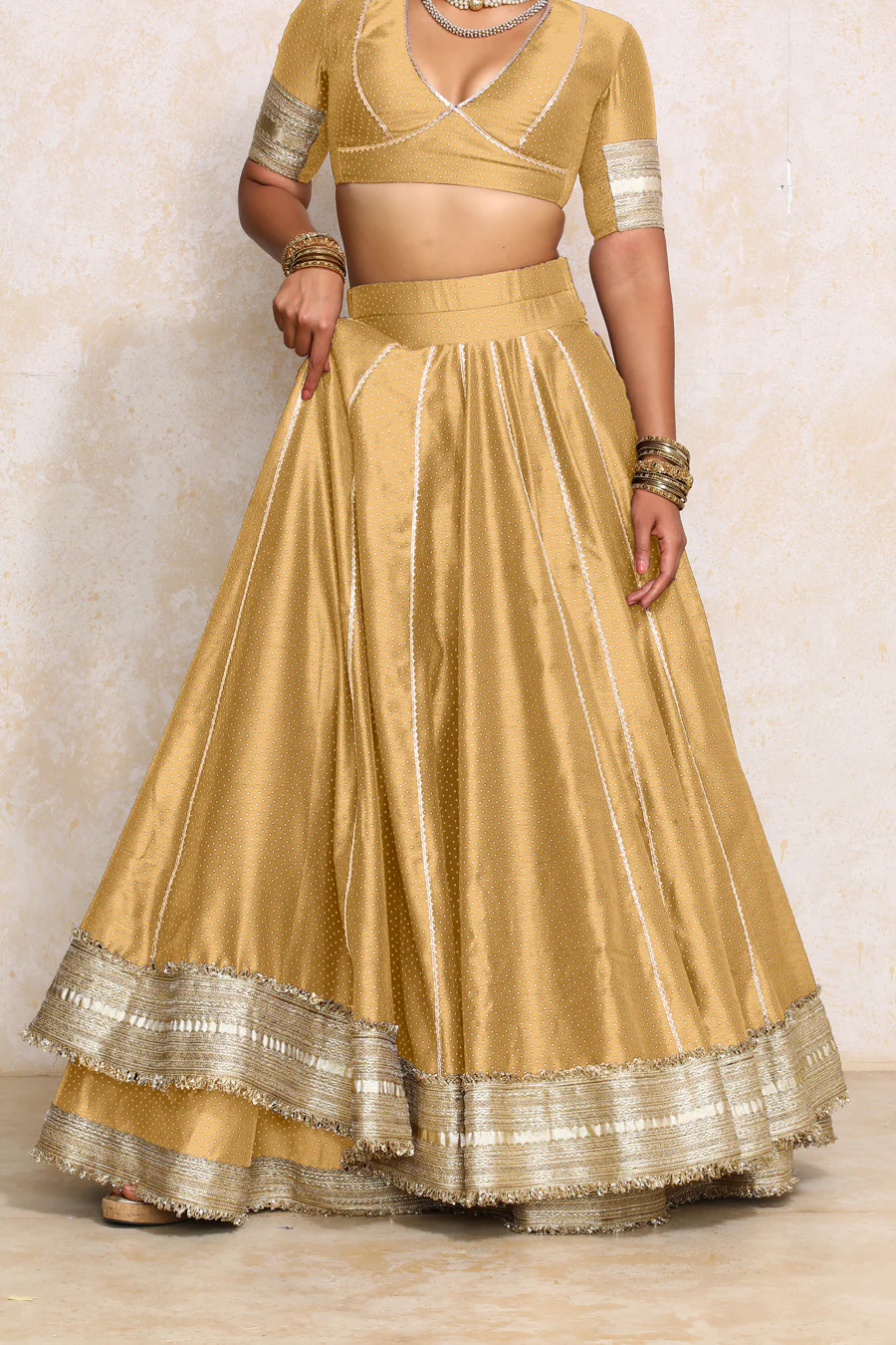 Mehreen x Tyohaar | Gold Foil Chandheri FlareFit™ Lehenga Set with Dupatta - Image 6