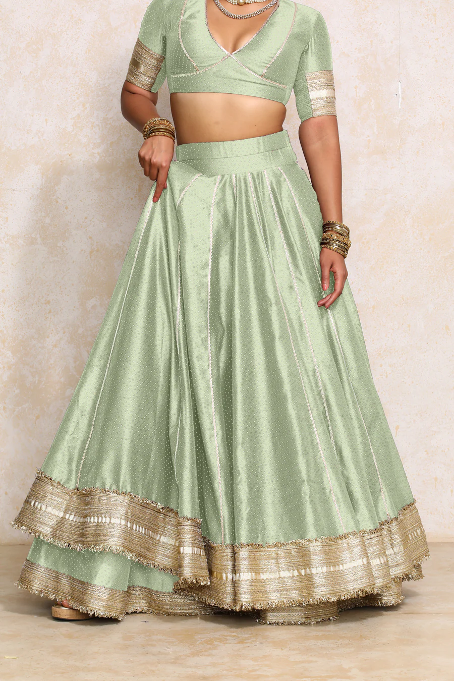 Mehreen x Tyohaar | Light Green Foil Chandheri FlareFit™ Lehenga Set with Dupatta - Image 6