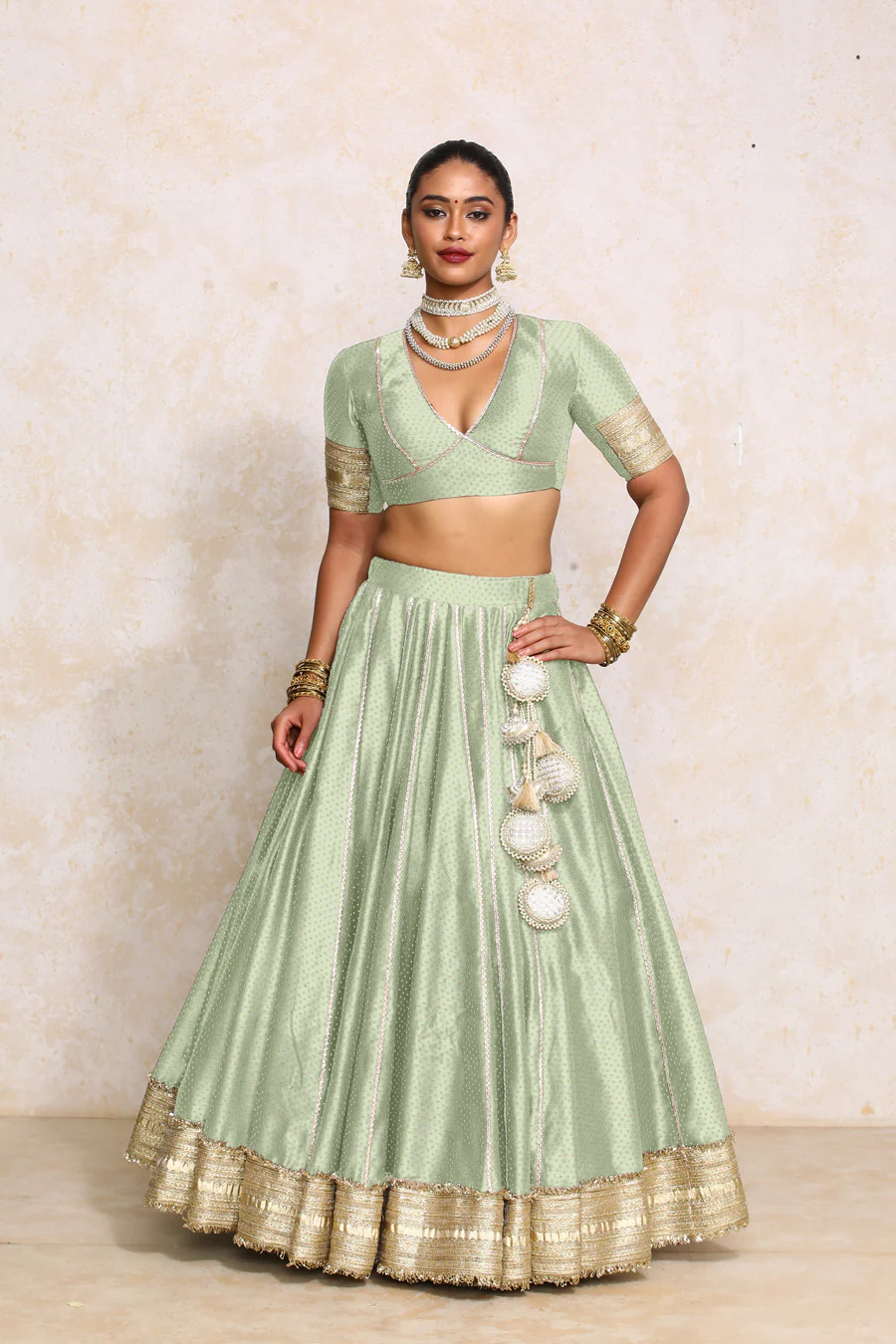 Mehreen x Tyohaar | Light Green Foil Chandheri FlareFit™ Lehenga Set with Dupatta - Image 8