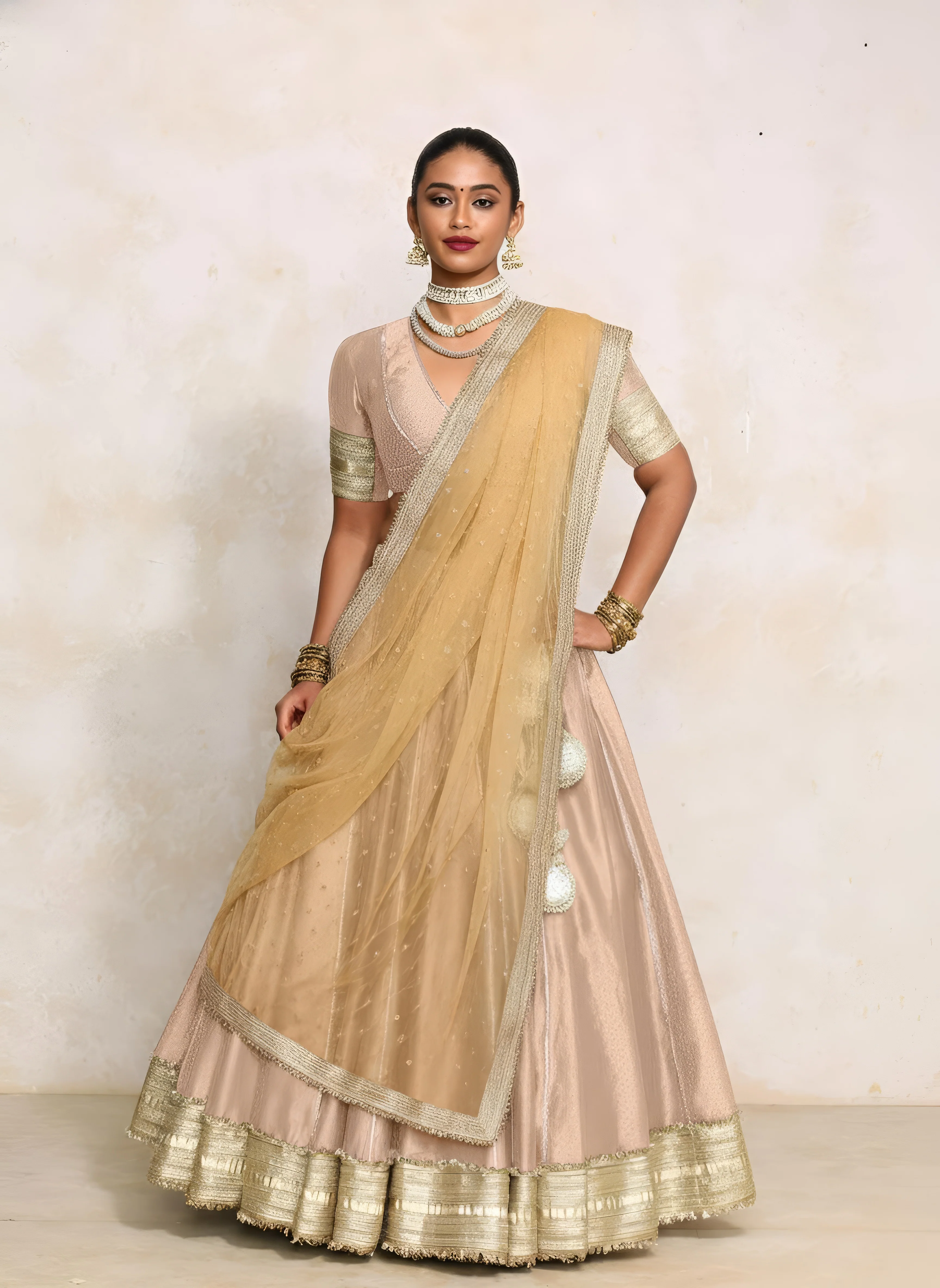 Mehreen x Tyohaar | Muted Copper Foil Chandheri FlareFit™ Lehenga Set with Dupatta