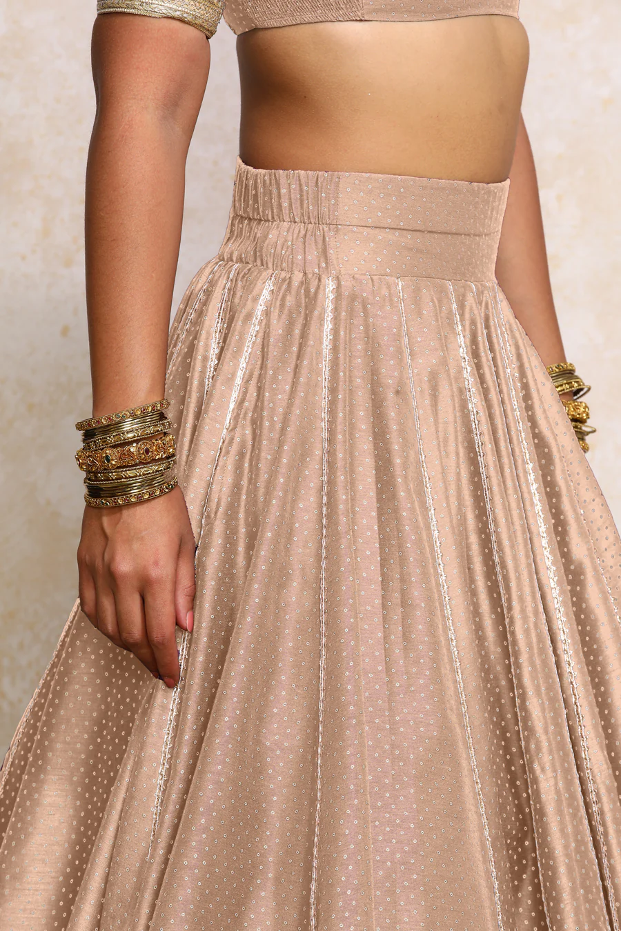 Mehreen x Tyohaar | Muted Copper Foil Chandheri FlareFit™ Lehenga Set with Dupatta - Image 3