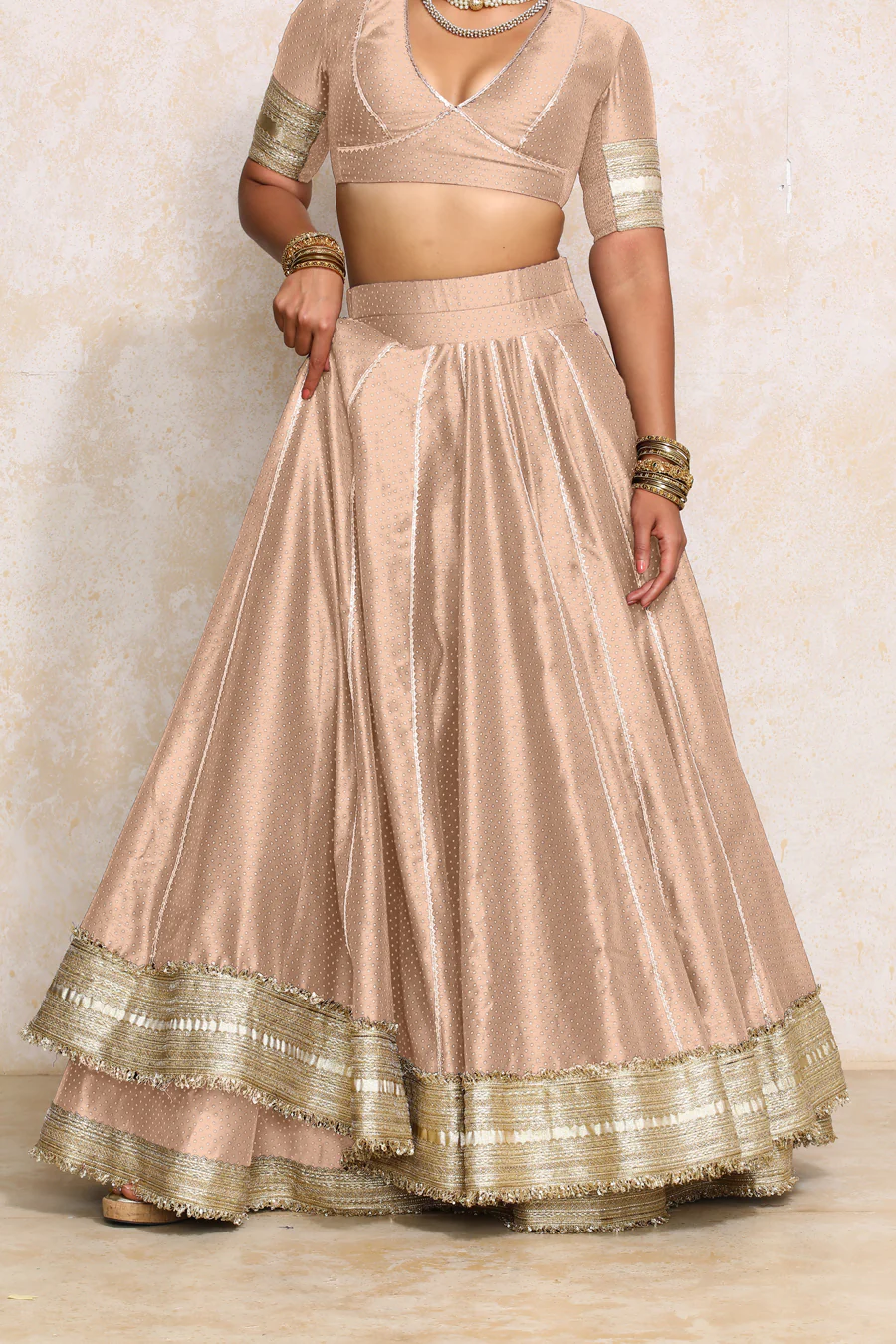 Mehreen x Tyohaar | Muted Copper Foil Chandheri FlareFit™ Lehenga Set with Dupatta - Image 6