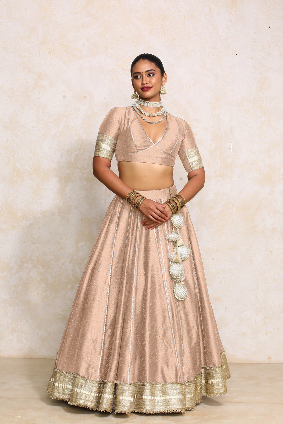 Mehreen x Tyohaar | Muted Copper Foil Chandheri FlareFit™ Lehenga Set with Dupatta - Image 9