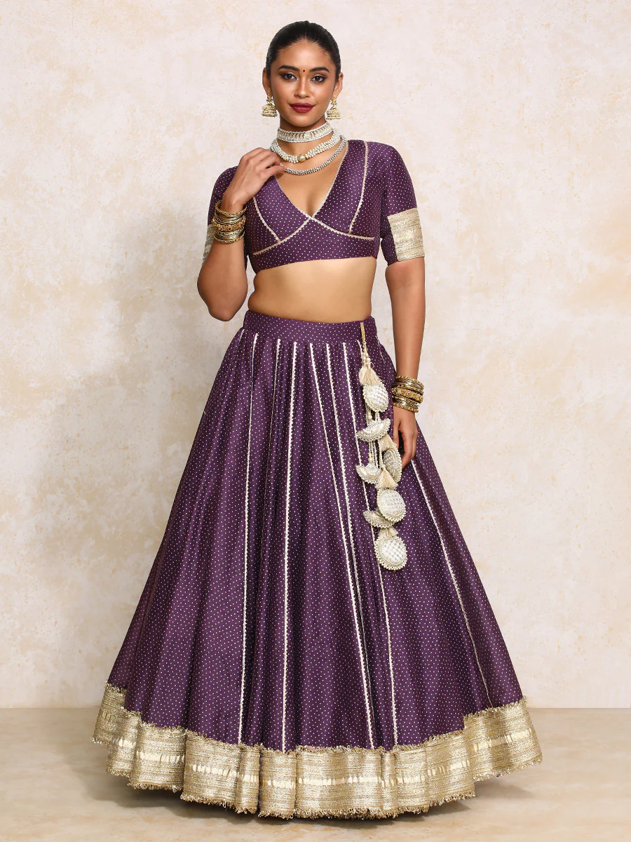 Mehreen x Tyohaar | Purple Foil Chandheri FlareFit™ Lehenga Set with Dupatta - Image 12