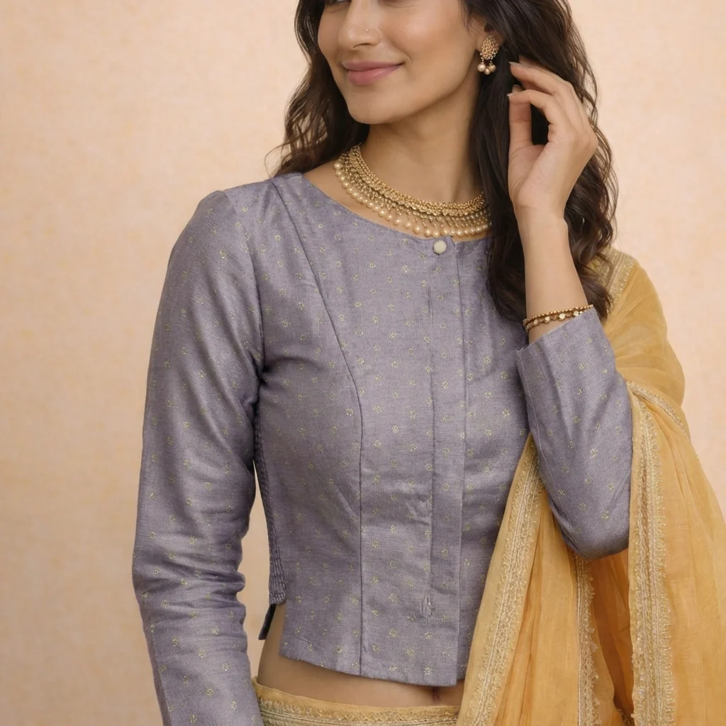 Mumtaz x Tyohaar | Full Sleeves Lilac Foil Chandheri Saree Blouse - Image 4