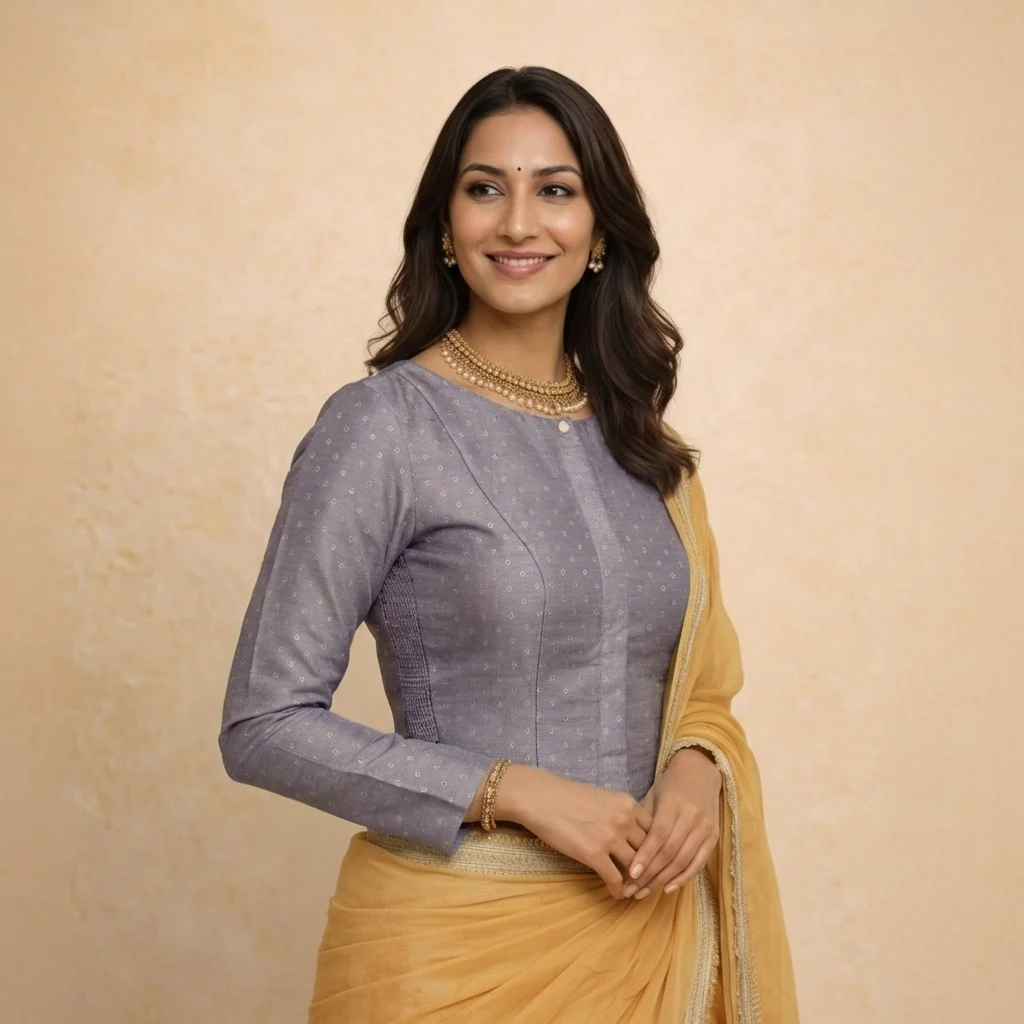 Mumtaz x Tyohaar | Full Sleeves Lilac Foil Chandheri Saree Blouse - Image 5
