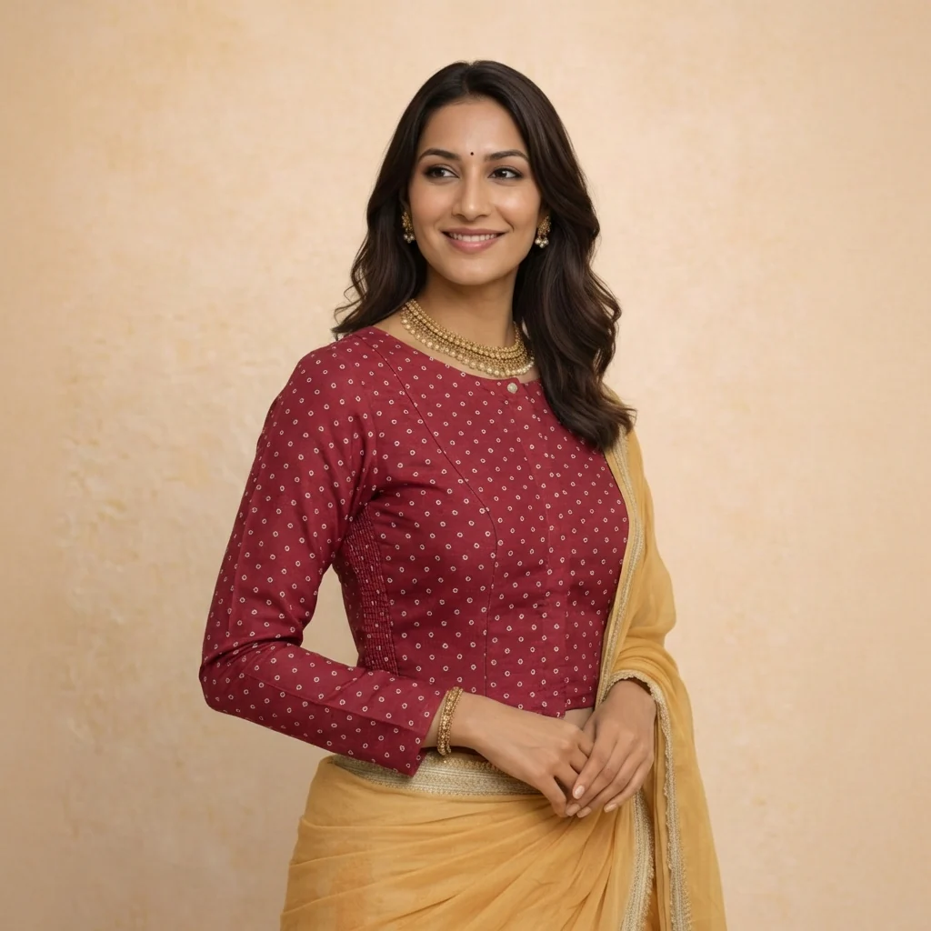 Mumtaz x Tyohaar | Full Sleeves Red Foil Chandheri Saree Blouse - Image 5