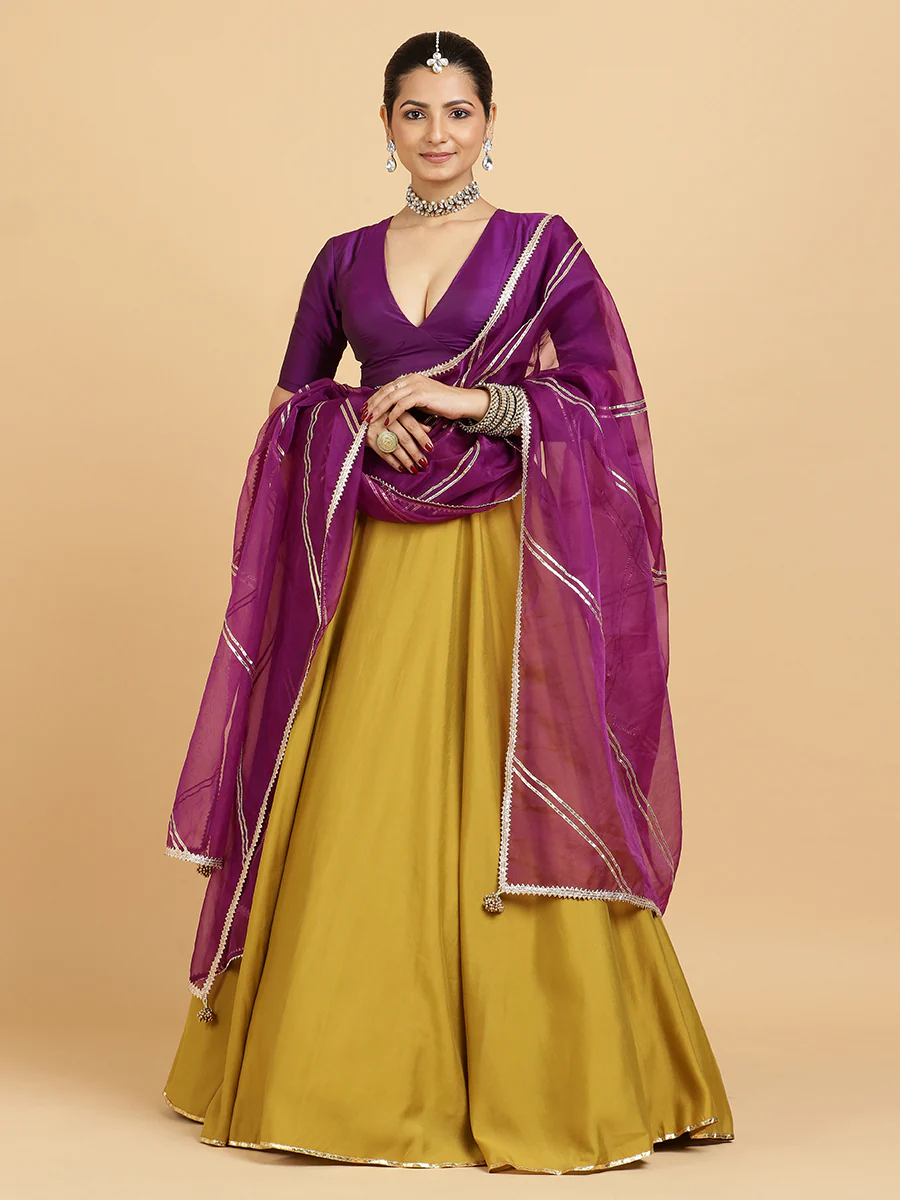 Jhalak Zeenat 4-Pc Lehenga Set x Tyohaar | Mustard Lehenga, Purple Blouse with Falak Purple Dupatta and Cancan Skirt - Image 3