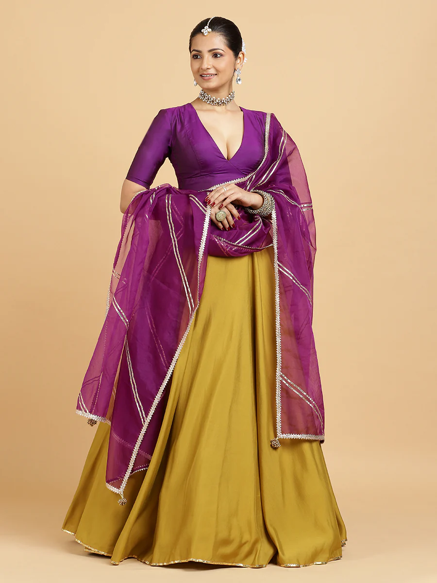 Jhalak Zeenat 4-Pc Lehenga Set x Tyohaar | Mustard Lehenga, Purple Blouse with Falak Purple Dupatta and Cancan Skirt - Image 4
