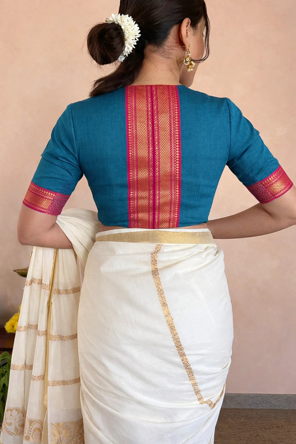 Nandini x Tyohaar | Elbow Sleeves Cerulean Blue Mangalgiri Cotton Saree Blouse - Image 2