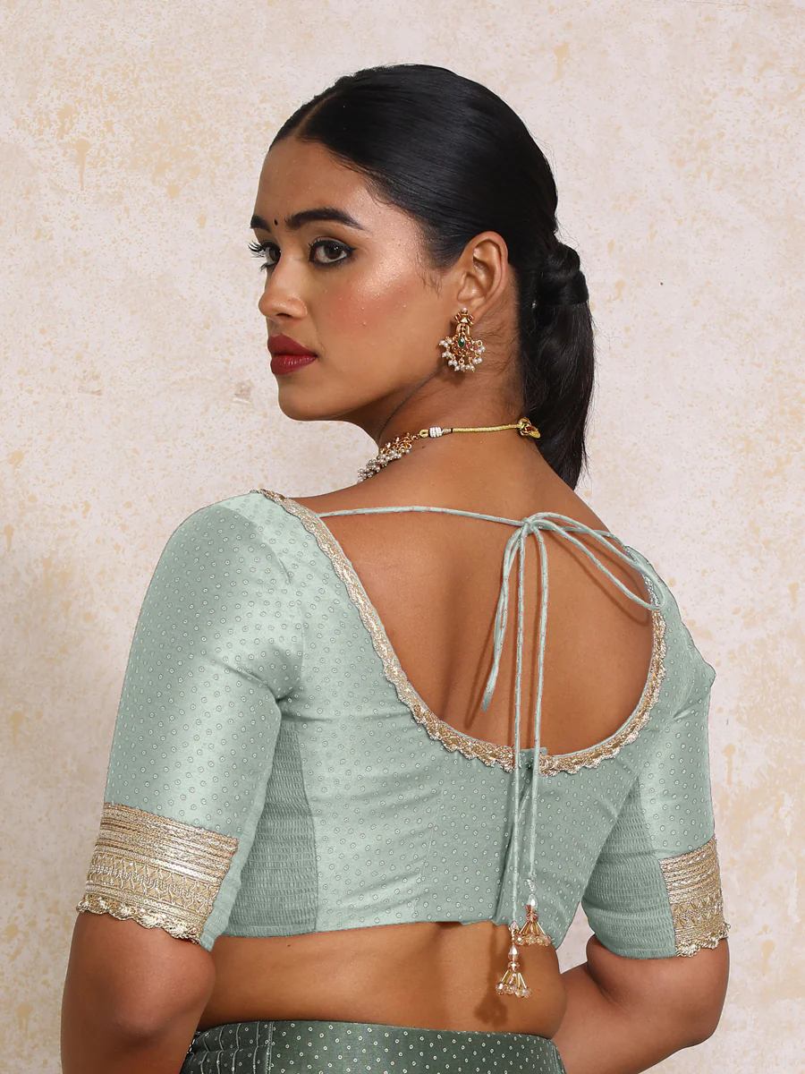 Navika x Tyohaar | Elbow Sleeves Blue Green Foil Chandheri Saree Blouse - Image 2