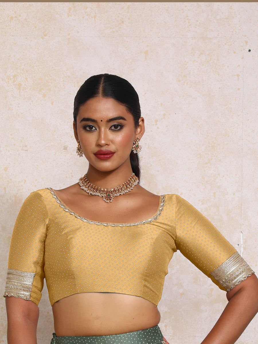 Navika x Tyohaar | Elbow Sleeves Gold Foil Chandheri Saree Blouse - Image 6